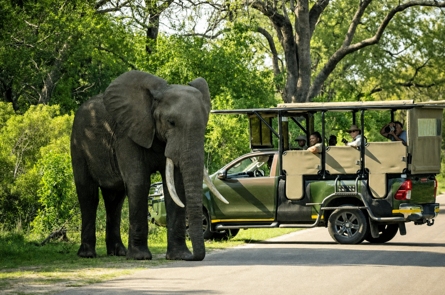 Safari vehicle near lions